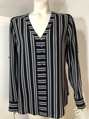 Express  Womens Medium Popover Blouse Roll Tab Sleeves Black Green Red Striped